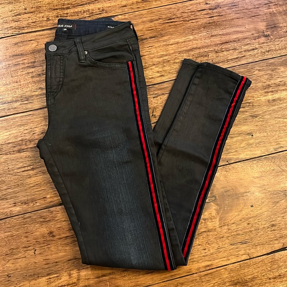 Dear John Gisele High Waisted Skinny Jean w/ Navy/Red Velvet Side Stripe.  Sz 26